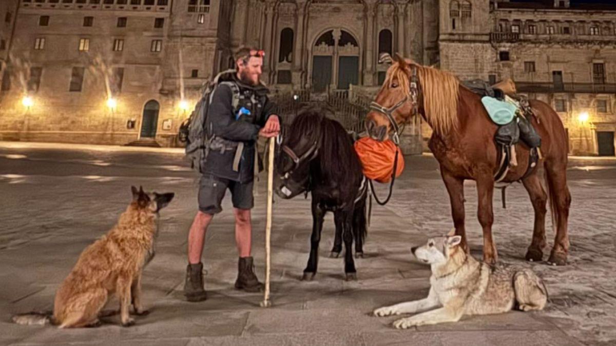 No viaja solo: un peregrino checo hace el Camino de Santiago con un caballo, un poni y dos perros
